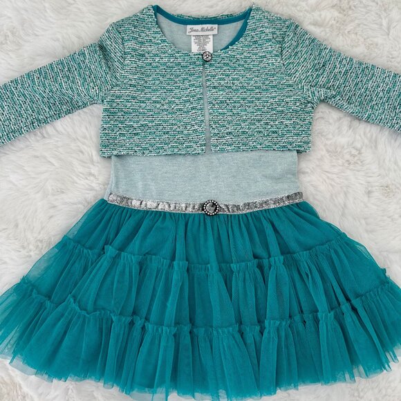 Lona Michelle Girls Teal Party Dress – Tulle Skirt & Sparkle Belt - Picture 1 of 7